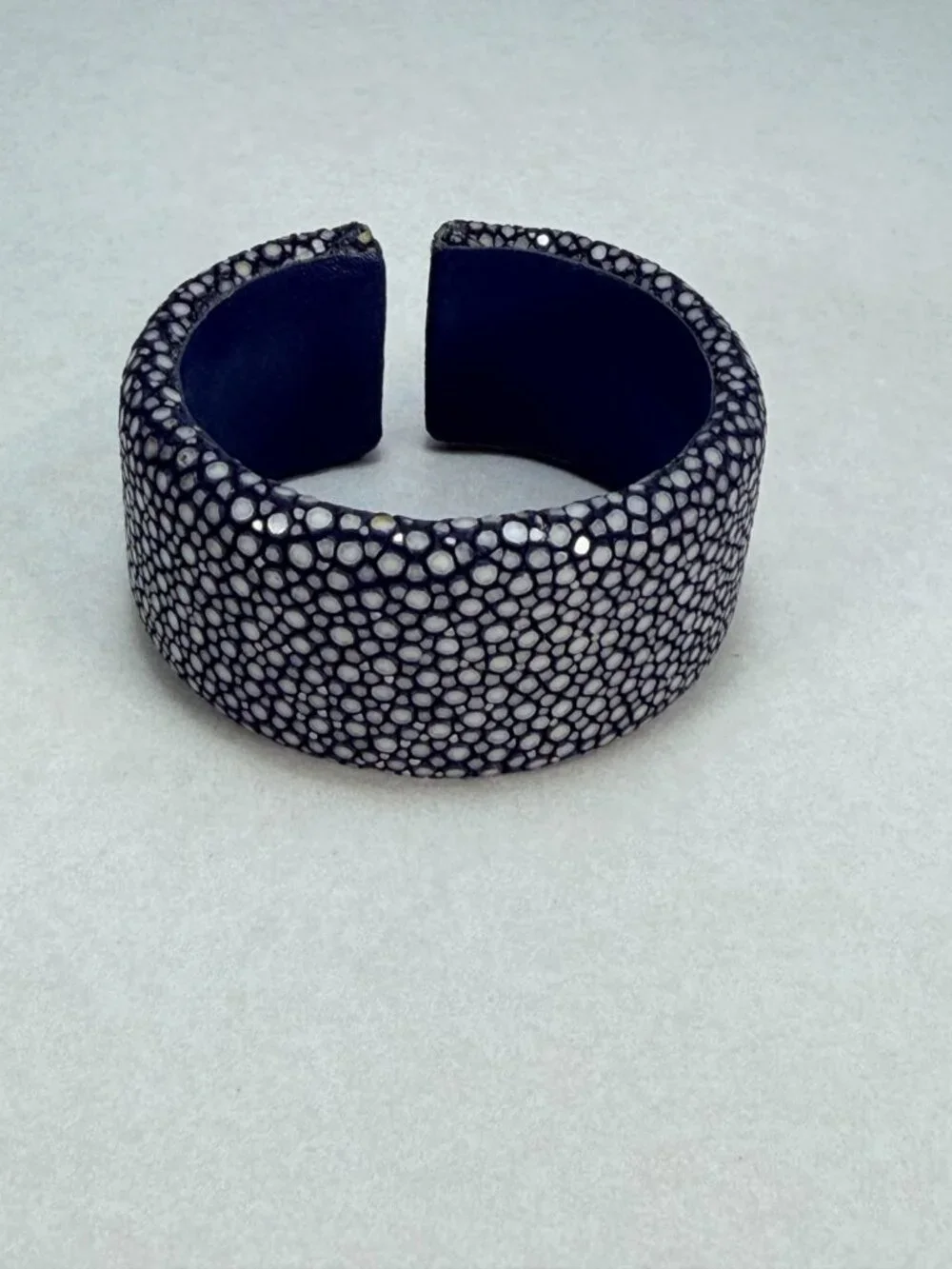 Vintage Genuine Stingray Shagreen Leather Wide Cuff Bracelet Black Unisex